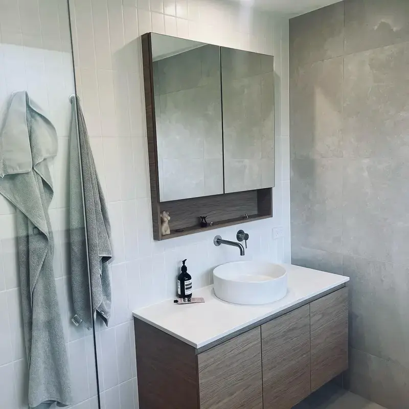Renovated bathroom with a timber vanity, vessel basin and mirrored shaving cabinet